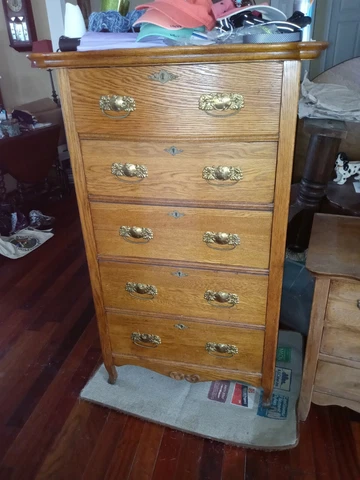 Vintage Tall Oak Chest of Drawers - Scalloped Top Edge/Bottom Trim Cover