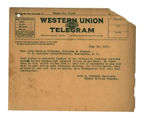 Wabash Railroad Vice President John Otteson 1918 telegram John Skelton Williams - Picture 1 of 4