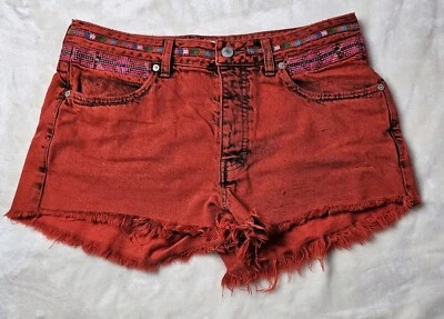 Pantalones Cortos Para Mujer We The Free Talla 29 Rojo Sun Break Bordado Botón Mosca Foto 1 de 4