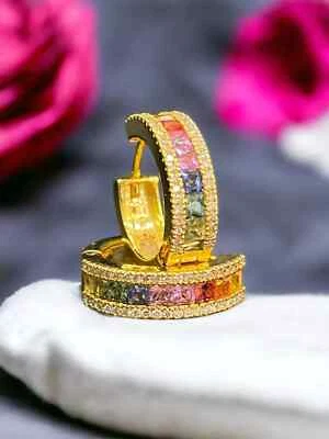 Pendientes de aro arco iris unisex diamantes zafiros redondos F/VS1 2,70 quilates oro 18 quilates Foto 1 de 4