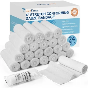 Gauze Rolls Pack of 24 4" x 4.1 Yards Individually Wrapped First Aid Bandages - Picture 1 of 6