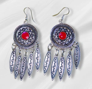 Moroccan Ethnic  Earrings with Red Stone and Feather Charms - Picture 1 of 6