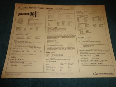 1970 PONTIAC TEMPEST & LEMANS 250 I-6 ENGINE SUN TUNE-UP CHART / 1BBL CARB - Image 1 of 2