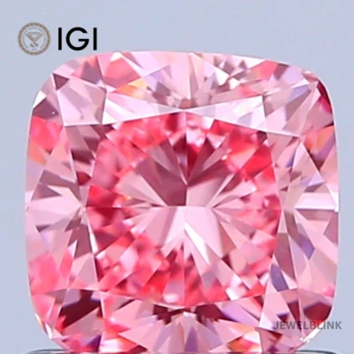 IGI Certified 0.92 Carat Fancy Vivid Pink VVS2 Cushion Cut CVD Lab Grown Diamond - Image 1 of 4