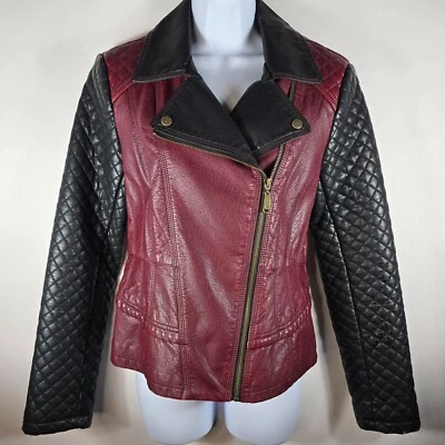 Chaqueta de moto de cuero sintético para mujer negra/borgoña acolchada talla pequeña Jessica Simpson Foto 1 de 4