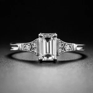 Art Deco 2Ct Emerald Cut Lab-Created Diamond Engagement 14K White Gold FN RING - Picture 1 of 9