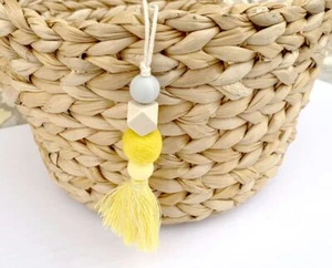 Boho Pendant Beech Wood Bead Silicone Felt Ball Tassel Decoration Yellow 8 inche - Picture 1 of 4