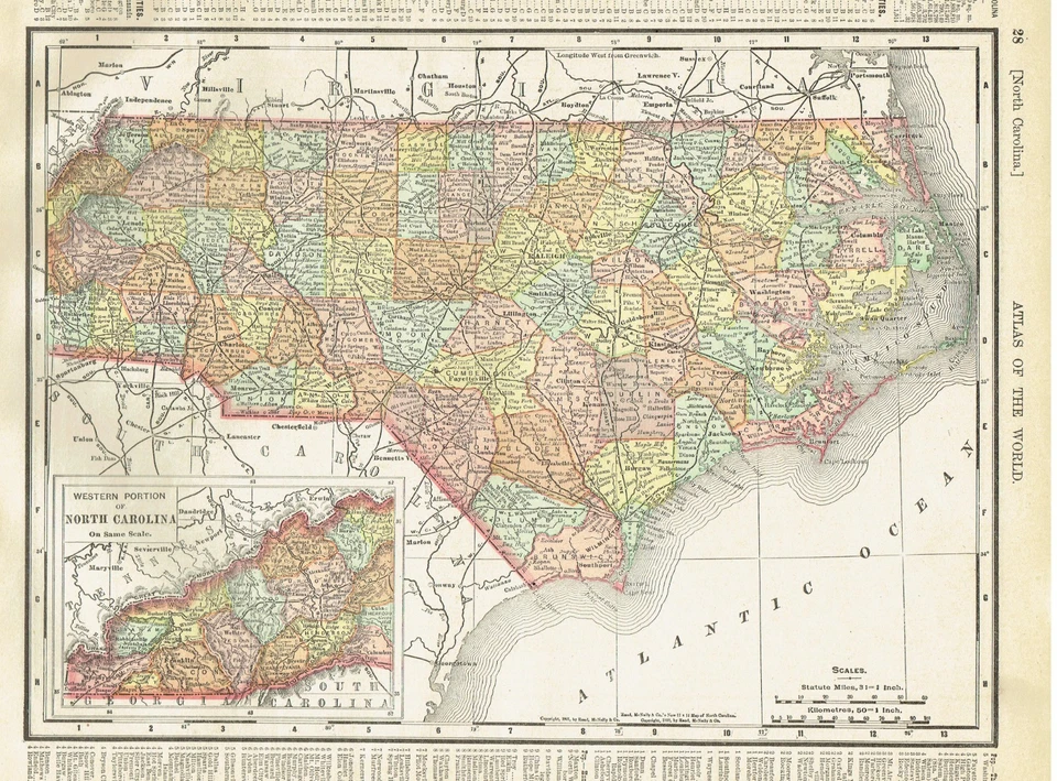 Mapas a color antiguos de Carolina del Norte y Virginia Occidental con fecha de 1902 Foto 1 de 4