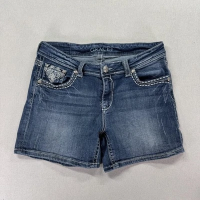 Pantalones Cortos Grace In LA Para Mujer 30 (Actual 32) Azul Denim Embellecido Bolsillo Y2K Foto 1 de 4
