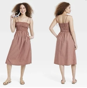 A New Day Dress Women Midi XXL Smocked Pockets Tie spaghetti Straps Pleasant - Picture 1 of 11