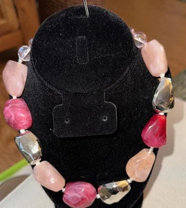 VTG Pink, Rose pink And Silver Large Imitation Stones. Silver Tone/pink Cord 16” - Picture 1 of 3