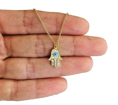 Collar Hamsa Mal de Ojo Chapado en Plata de Ley 925 Sólida y Oro 18" de Largo - ESN58 Foto 1 de 4