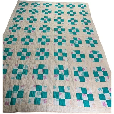 VTG Handmade Hand Quilted Blanket Beige Teal Floral Cottagecore Cozy 72 x 96" - Image 1 of 4