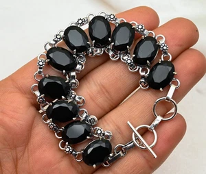 Black Spinel Bracelet Gemstone Handmade 925 Sterling Silver Fine Jewelry For Him - Picture 1 of 4