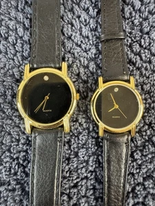 His And Her Quartz Watch Set, Black Leather Band & Dial Gold Tone Case New Batt - Picture 1 of 4
