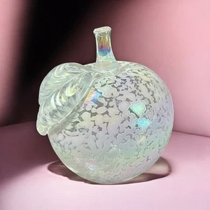 Apple Paperweight-Iridescent Art Spatter Glass-White-Opalescent-Blown-Vintage - Picture 1 of 7