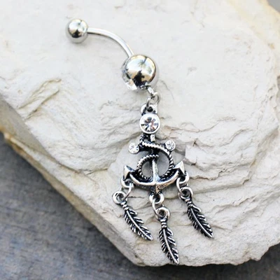 316L Stainless Steel Anchor and Feather Dangle Navel Ring - Image 1 of 4