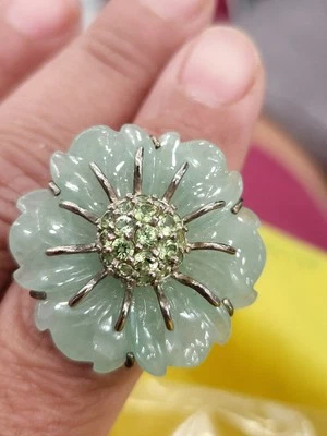Sterling 925 Pearl Carved Jade Flower Peridot Acccent Sz7 Ring - Image 1 of 4