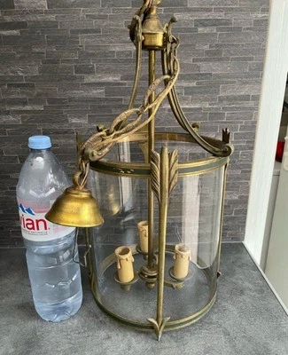 Ancienne Lampe Lanterne Vestibule Empire Bronze Verre Bombé 3 Feux  - Photo 1/4