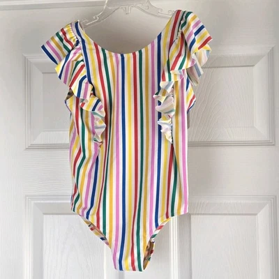 Traje de baño de una pieza colorido con volantes a rayas Crewcuts para niñas talla 8 Foto 1 de 4