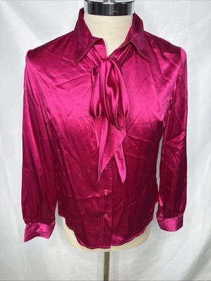 Blusa de seda Bloomingdale's para mujer talla 10 rosa camisa con botones corbata extraíble Foto 1 de 4