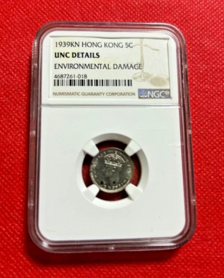 HONG KONG 5  CENTS 1939 NGC UNC DETAILS ENVIRONMENTAL DAMAGE - Image 1 of 2