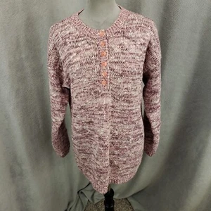Womens Medium Sweater Pink Purple Speckled Pullover Button Henley Neck - Picture 1 of 9