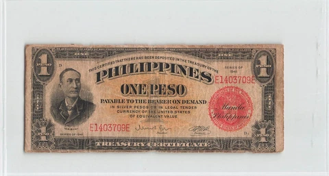 PHILIPPINES 1 Peso 1941, P-89a, E1403709E, Circulated Grade.  D5 Cover