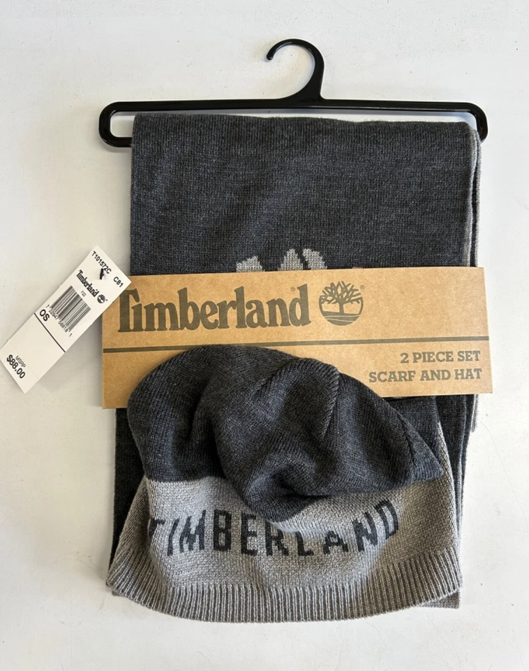 Men's Timberland Bold Logo Jacquard Scarf and Hat Set Gray One Size
