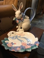 New ListingVintage Fitz And Floyd Rabbit Easter Bunny Pitcher Tea Pot Platter