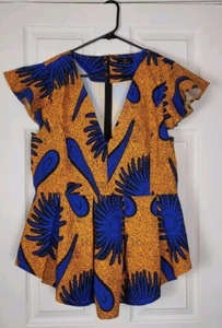 D’IYANU Women’s Blue Gold AFRICAN Ethnic Print ZERA Peplum Top Stretch Size XXL - Picture 1 of 6