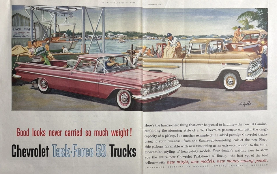 1958 Chevrolet Task Force грузовики El Camino Apache грузовой флот стороне винтажный печатная реклама - Изображение 1 из 1