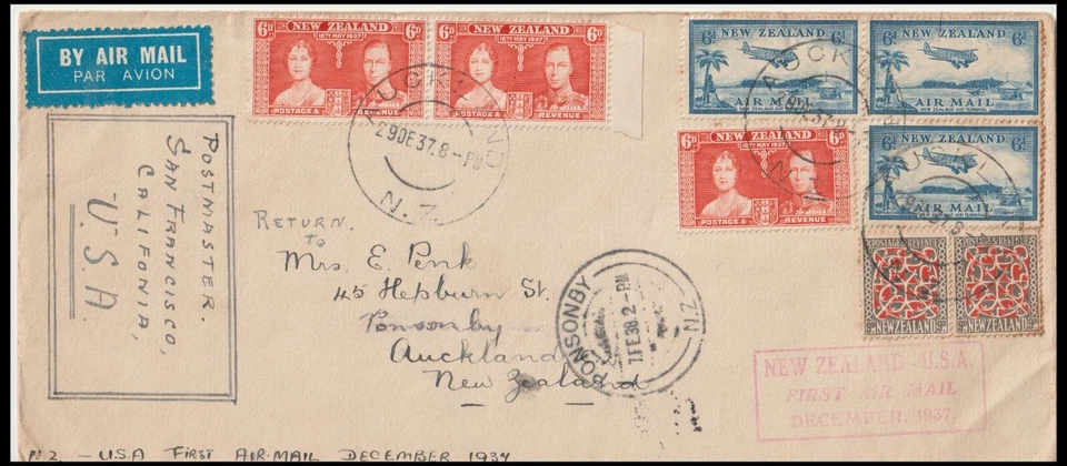 NUEVA ZELANDA 1937 NZ-USA PRIMERA CUBIERTA DE CORREO AÉREO (F) Foto 1 de 1