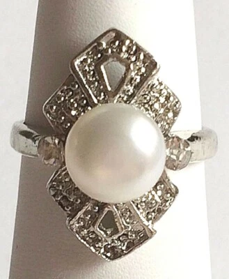 复古银色珍珠艺术装饰鸡尾酒戒指 尺寸 7 8 9 水晶复古镀白色 — 第 1/4 张图片