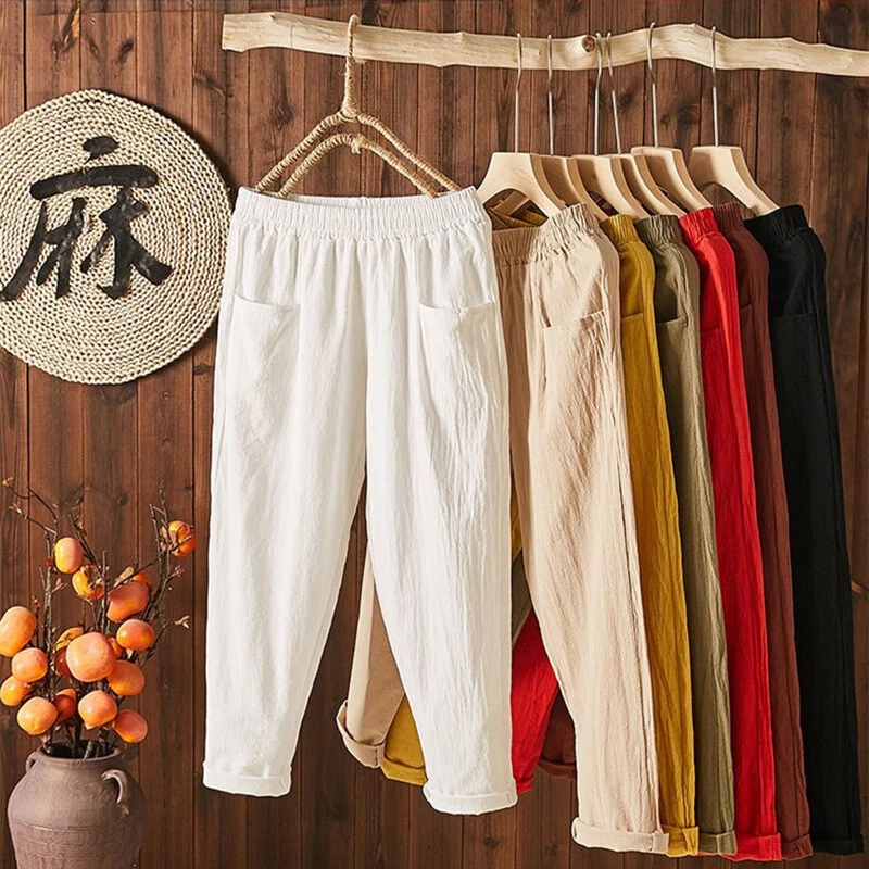 Womens Cotton Linen Harem Pants Loose High Waist Elastic Ankle-length Trourse - Image 1 of 4