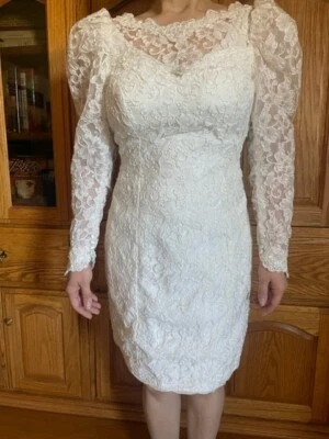 Vestido de novia vintage blanco satinado encaje talla 6-8 - largo corto Foto 1 de 4