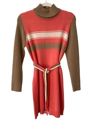 Vestido Suéter Joyce Vintage Años 60 Tejido Lana Cinturón Mujer 40 Bloques de Color Coral Tostado Foto 1 de 4
