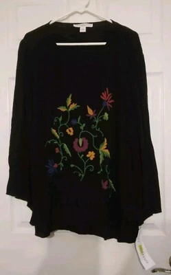 Josephine Chaus 女式长袖上衣,尺寸 1X 黑色,带花卉设计,全新带标签 — 第 1/4 张图片