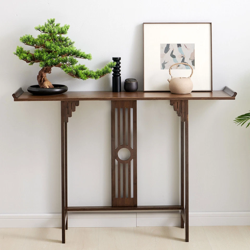2-Layer Vintage Console Table Sofa Side Table Entryway Table Bamboo Shelf New - Image 1 of 4