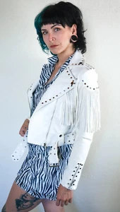 Genuine Leather Fringe Jacket White Womens Studded Vintage Western Cropped Coat - Picture 1 of 3