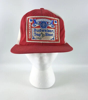 Budweiser Snapback Trucker Style Baseball Hat - Trap Skeet Patch Red White Mesh - Image 1 of 4