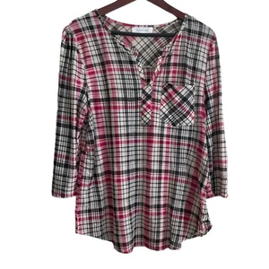 Eden & Olivia Top Women L Black Red Split Neck 3/4 Roll Tab Sleeve Plaid Popover - Picture 1 of 14