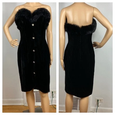 Vtg 90s Tadashi Shoji Velvet Wiggle Dress Sz 6 Fur Trim Crystals Holiday Party - Image 1 of 4