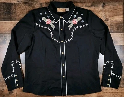 Camisa a Presión Scully Western Pearl Mujer XL Negra Esqueleto Tiro Cerveza Rosas Estrella Foto 1 de 4