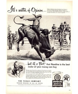 Texaco Halvoline 1952 aceite de motor anuncio impreso vintage rodeo paseo toro arte de pared años 50 Foto 1 de 2