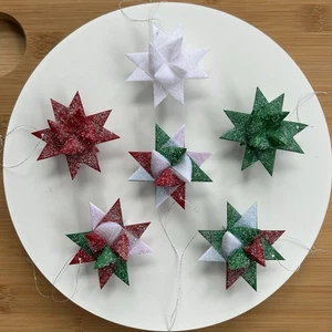 (6) Moravian Star Ornaments 2" Red Green White Handmade Paper Wax Glitter - Picture 1 of 6