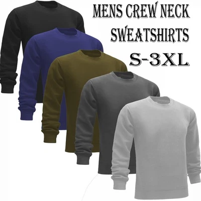 Mens Plain Sweatshirt Jumper Crew Neck Sweater Pullover Work Casual Top S-3XL - Image 1 of 3