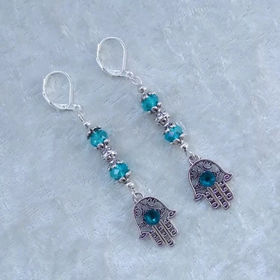 Turquoise 3D Diamante Hamsa Hand, Double Sided, 925 Silver Leverback Earrings Foto 1 de 4