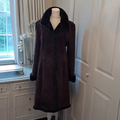 Abrigo largo Steve by Searle para mujer piel de cerdo marrón chocolate gamuza forro de piel sintética S Foto 1 de 4