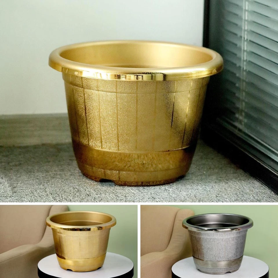 2 10" VASOS REDONDOS DE PLÁSTICO PARA PLANTAS Design de Barril Metálico Festa Suprimentos para Casa - Imagem 1 de 1